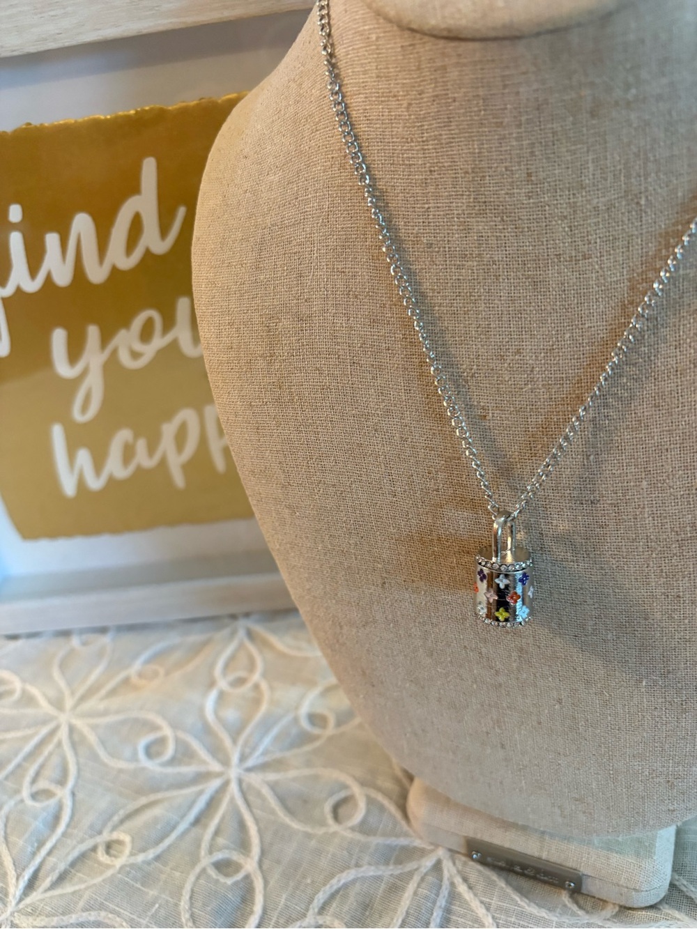 Silver Stainless Steel Floral Enamel Padlock Pendant Necklace